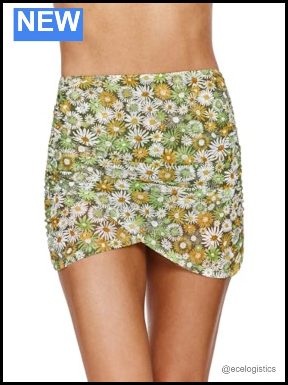 Floral Mesh Skirt Cover-Up with Side Ruching & Elastic Waistband, Mini Length,